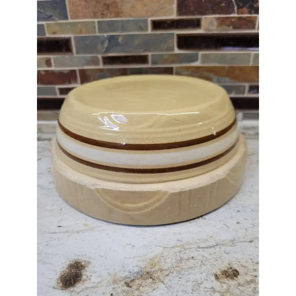 Vintage Watt Banded Bowl USA 8 Yellow Oven Ware Pottery, Beige Brown Stripes